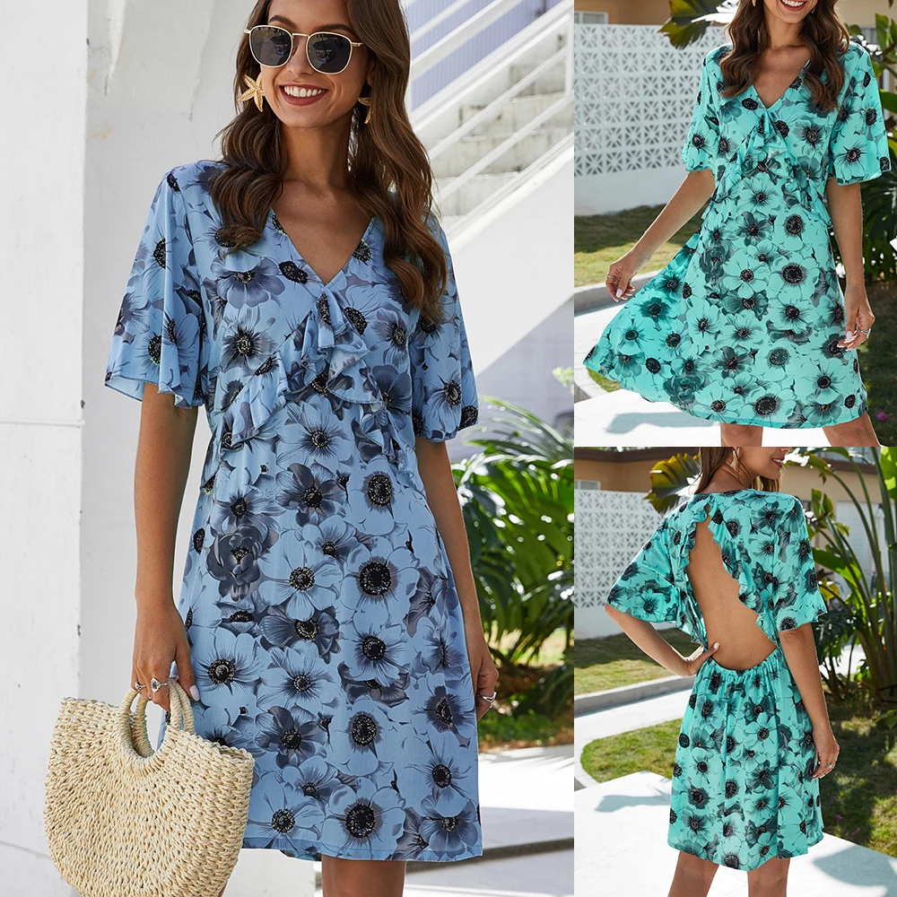 

Ropa Mujer Women Casual Spring Boho Midi Dress V Neck Vestido Sexy Flower Backless Ladies Dresses Clothing Kleider Damen Elegant