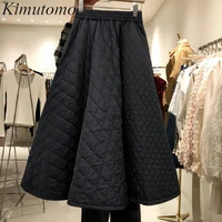 kimutomo korea retro women skirts 2021 autumn winter new elastic high waist diamond woven solid color a line bottoms femme