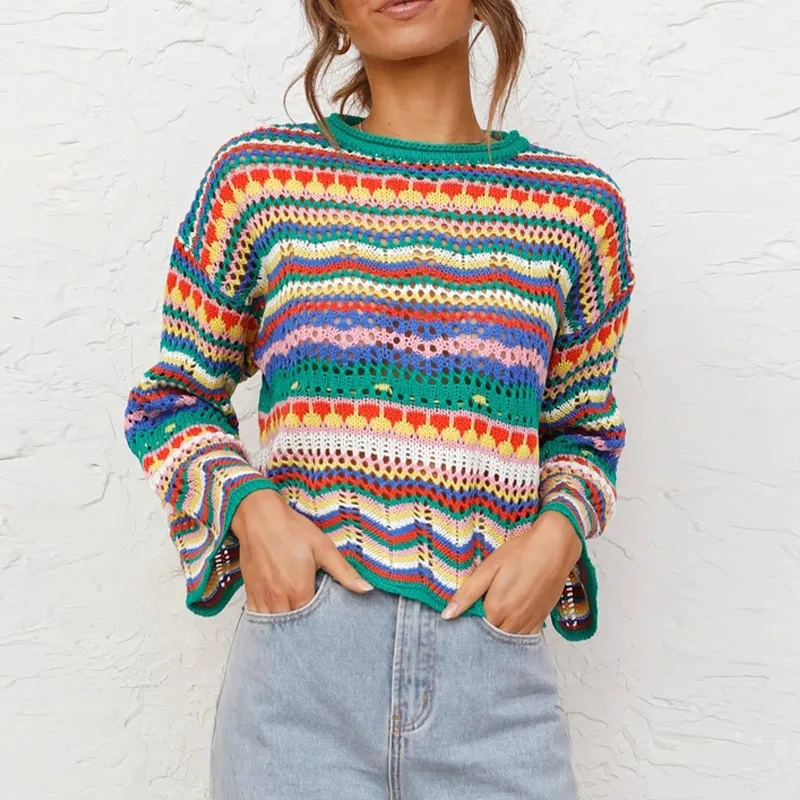 

Women's Knitted O-neck Long Sleeve Sweaters 2021 Autumn Winter Patchwork Hollow Out Panelled Pullovers Female Loose Fashion Tops