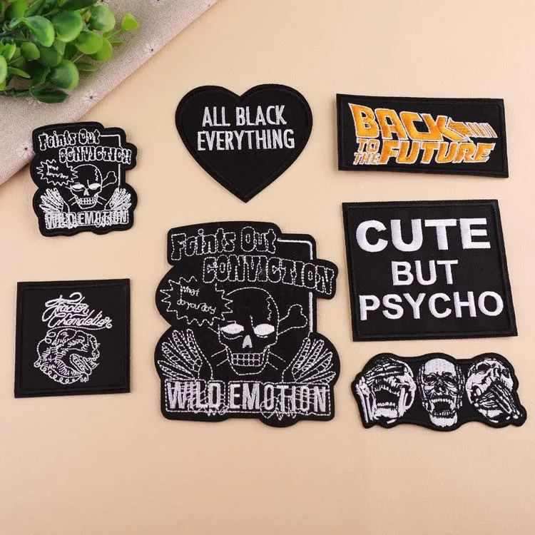 Back To The Future All Black Everything Punk Rock Slogan Funny Skull Black Iron on Embroidered Patch Apparel Diy Accessory