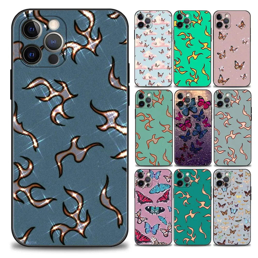 

Fashion Multi Color Fire Butterfly iPhone Case for 11 12 13 Pro Max 7 8 SE XR XS Max 5 5s 6 6s Plus Black Soft Silicon Cover