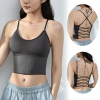 women sports bra tank crop top female camisole padded bralette skinny vest bandage cross backless underwear summer thin bras