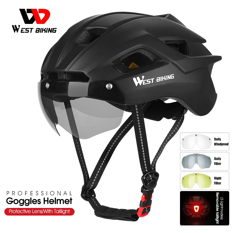 

West Biking Bicycle Helmet with Taillight Goggles Sun Visor Lens Safety EPS MTB Road Race Cycling Helmet Bike Helmet Accessories