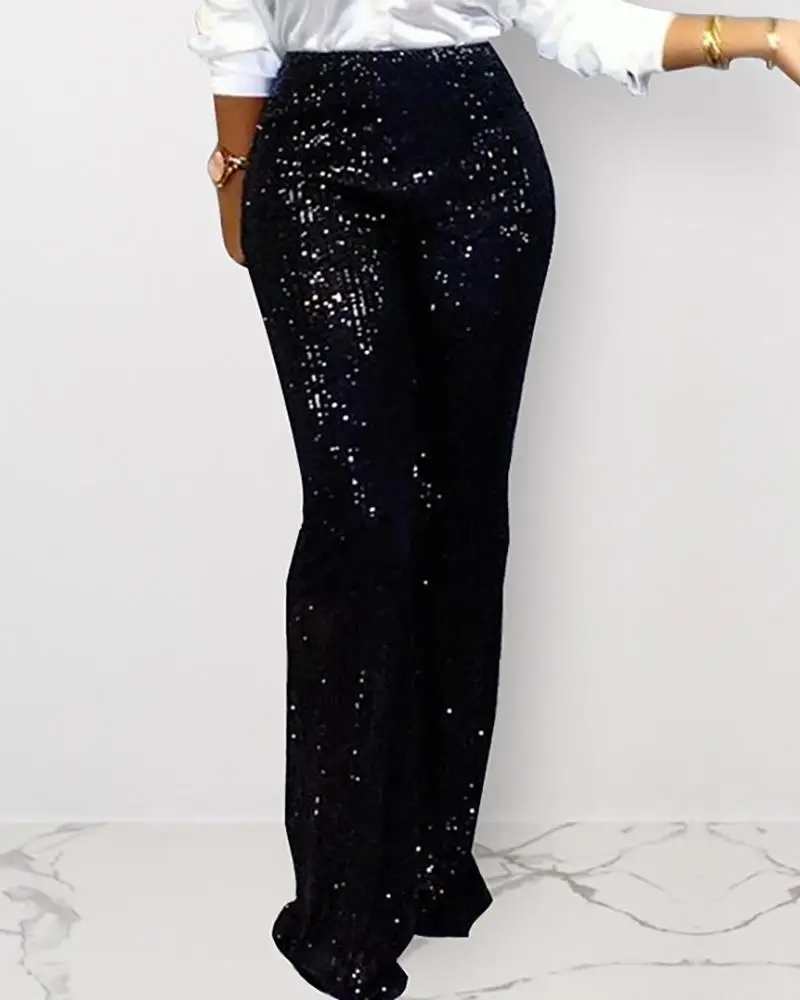 Sequins High Waist Wide Pants Woman Glitter Silver Black High Waist Trousers for Female Party Dance Flared Legs Pants