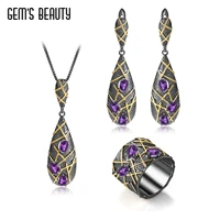 gems beauty jewelry set 925 sterling silver necklace for women fashion jewelry ear studs earrings amethyst handmade original