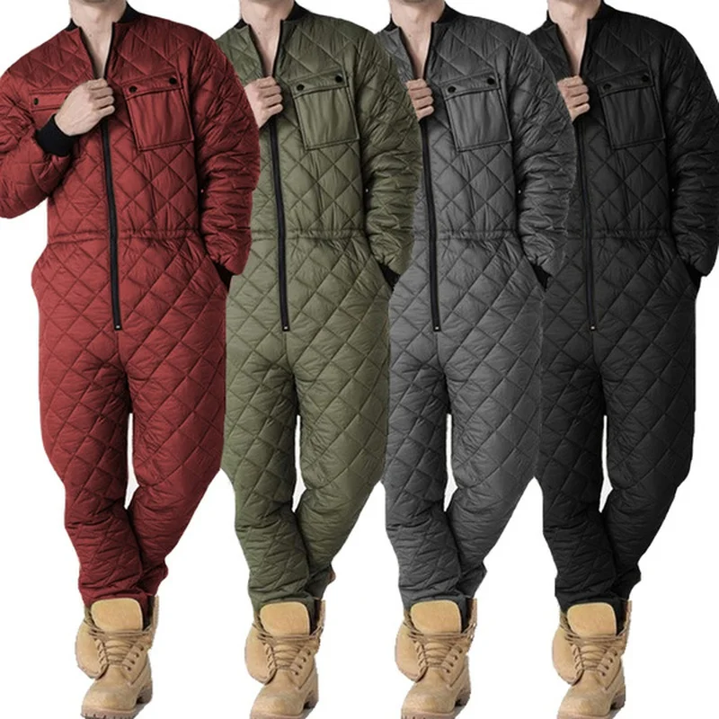 

Men One Pieces Rompers Autumn Warm Lattice Solid Color Zipper Jackets Coats Male Slim Fit Thick Playsuit Plus Size Outfits Black