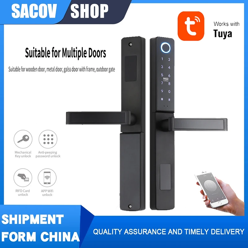 

TUYA lock Wifi Fingerprint card Waterproof lock Push Pull Smart Door Lock for Glass Sliding door Wooden Home Outdoor Gate door