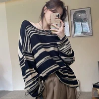 women sweaters pullovers knitting zebra striped o neck batwing sleeves sexy loose female korean style simple all match soft