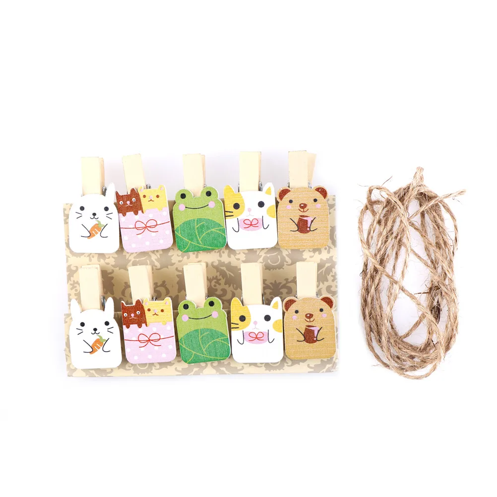 

10pcs Cartoon Wooden Paper Clip Bookmark For Album With Rope Message Stickers DIY School Office Binding Supplies