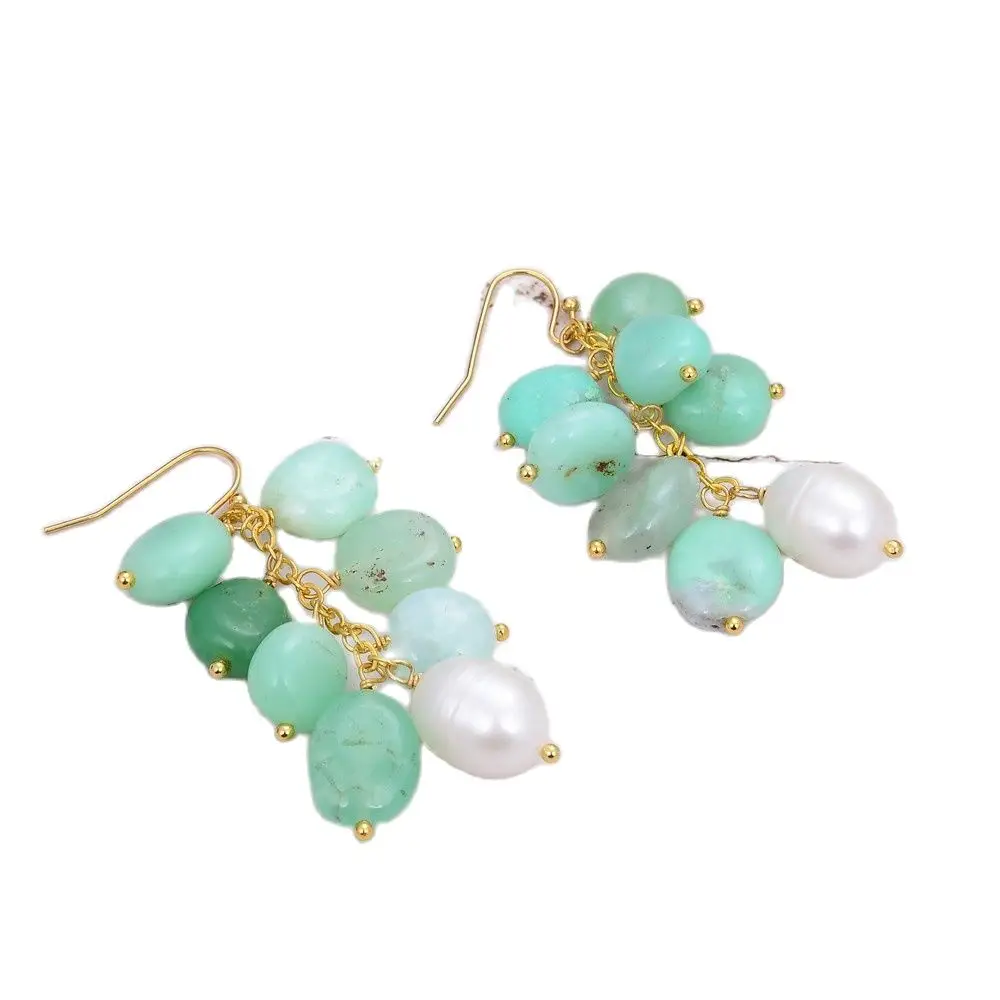 

GG Jewelry Natural Green Chrysoprase Cultured White Rice Pearl Hook Dangle Earrings For Women