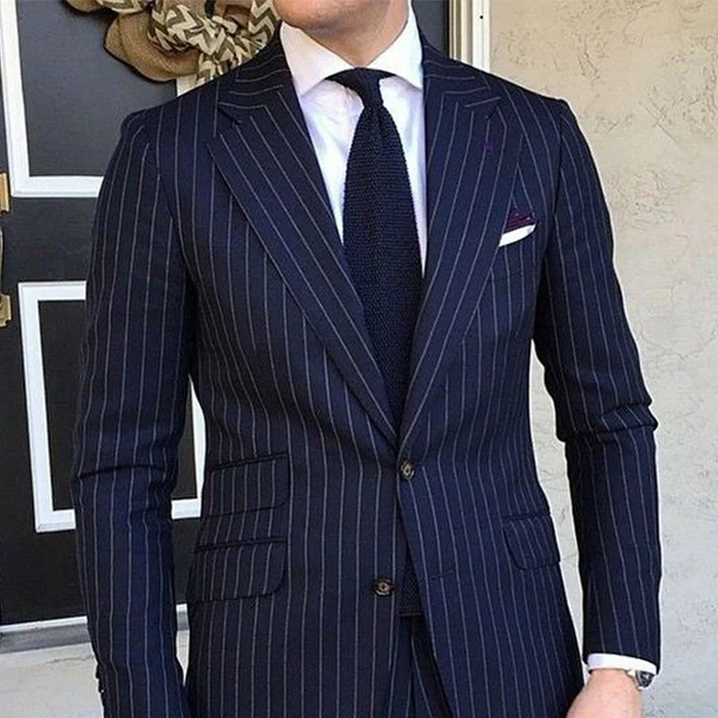 

Pinstripe Slim Fit Men Suits for Formal Wedding Tuxedo Notched Lapel 2 Piece Navy Blue Striped Business Groom Male Fashion