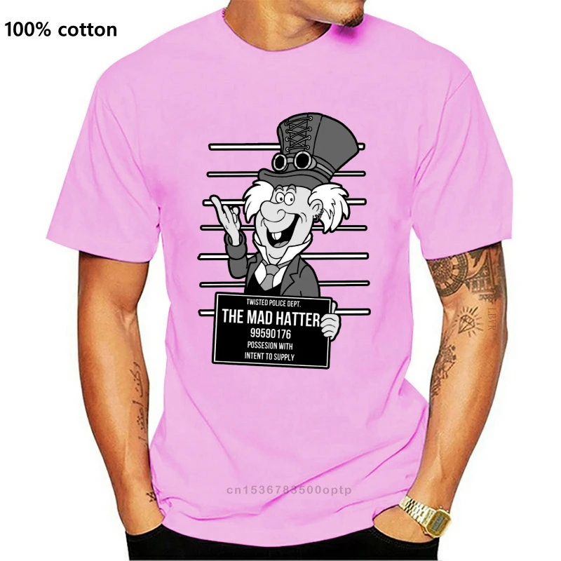

-Im Wunderland Mad Hatter Mugshot футболка черная (S-Xl) летняя Молодежная Футболка