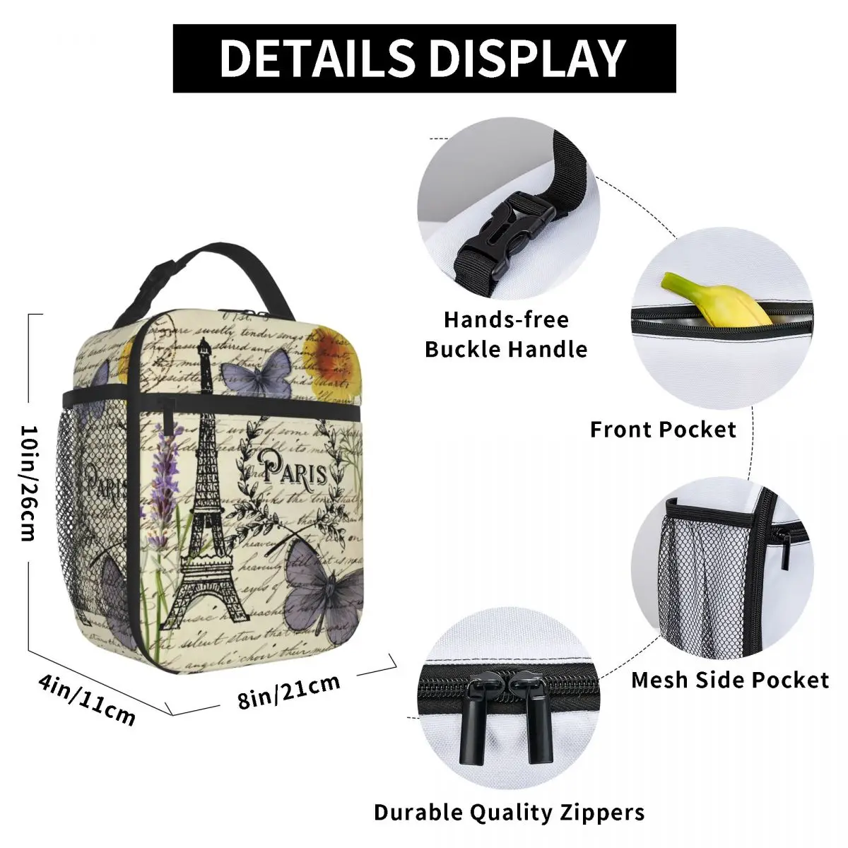 

French Butterfly Paris Eiffel Tower Lunch Bag for Women Men Large Insulated Lunch Box with Water Bottle Holder and Pockets