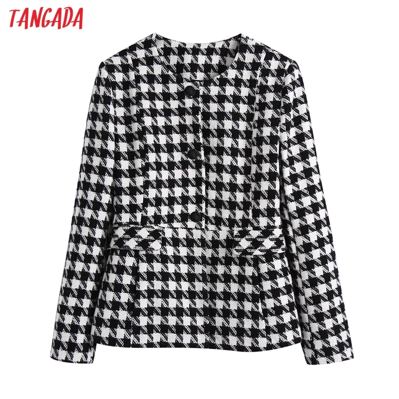 

Tangada Women Plaid Tweed Blazer Coat Vintage Double Breasted Long Sleeve Female Outerwear Chic Tops BE573