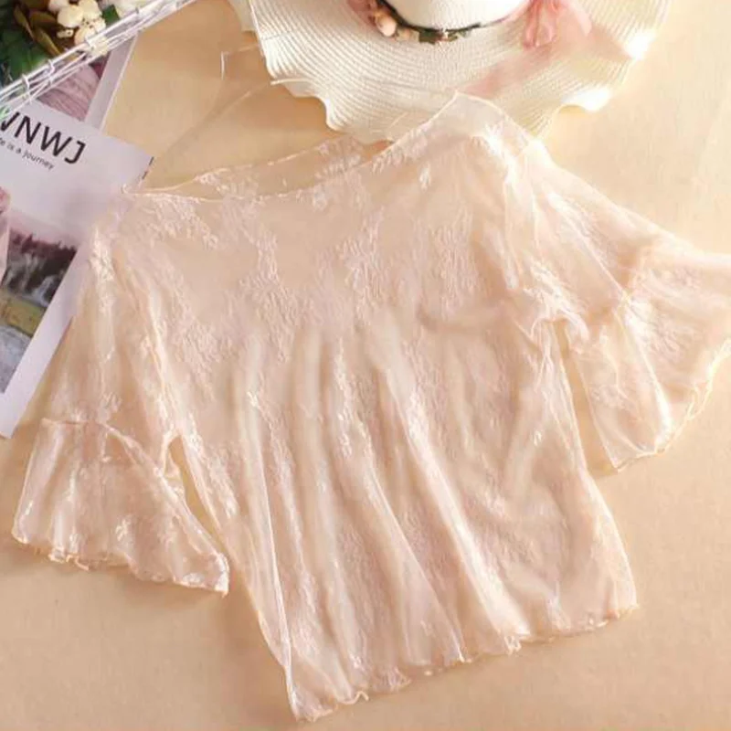 

Blouses Women Transparent Thin Lace Sweet Simple Fashion Sexy Lady Basic Hipster Harajuku Lightweight Summer Large Size S-3XL