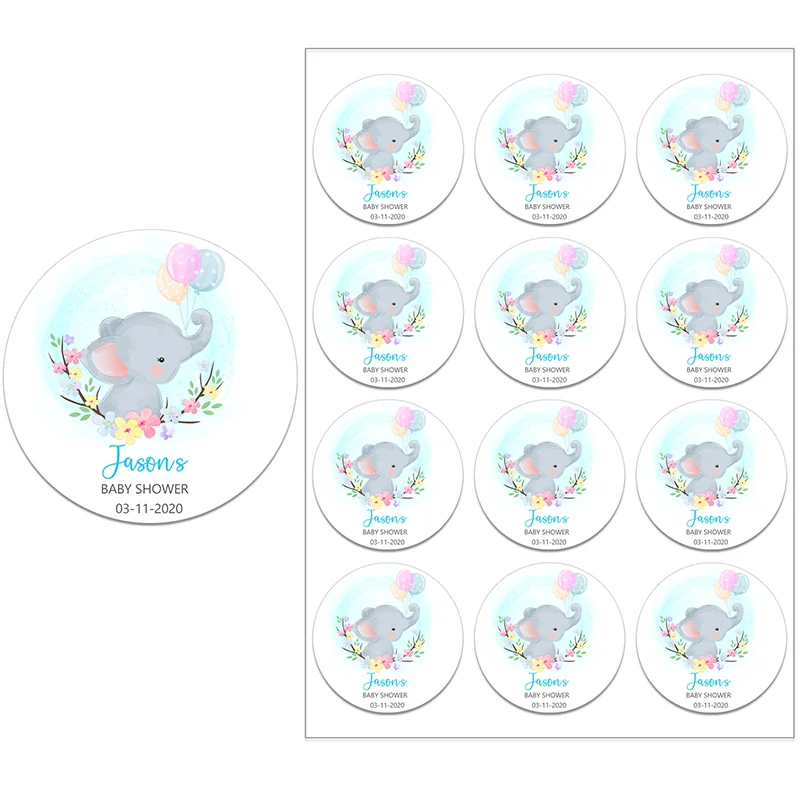 Elephant Personalized Baby Shower Round Stickers Customize Name Date Text Favor | Дом и сад
