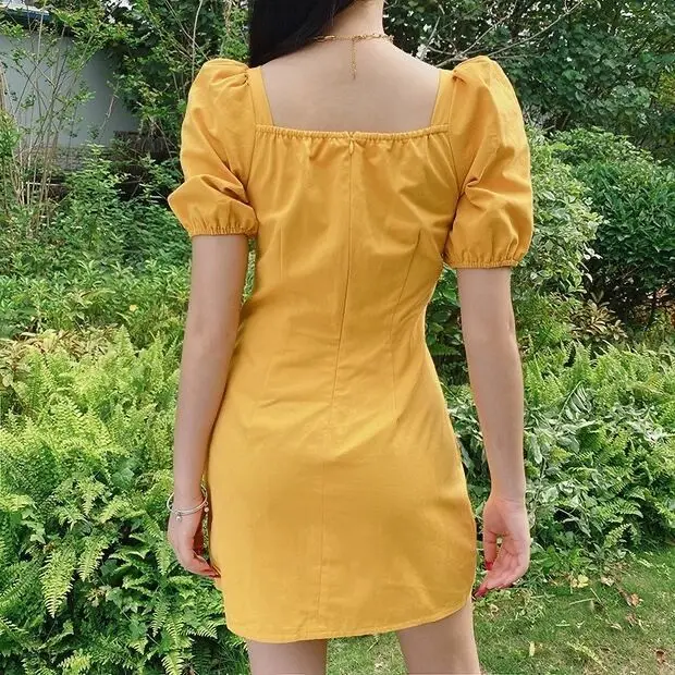 

Summer 2021 new French court bubble sleeve bow sexy square collar slim dress