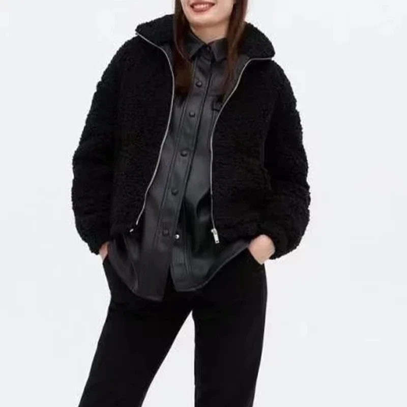 

Winter Women's Jackets Lambswool Coat Black Outwear Fashion Zipper Outerwear Female Casual Loose Coat Fleece Warm Ladies Jacket
