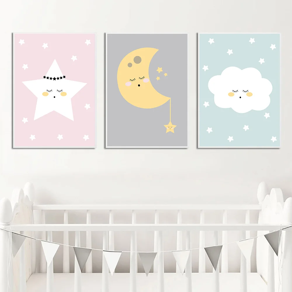 

Wall Art Canvas Painting Cartoon Print Painting Star Moon Cloud Nursery Poster Print Wall Pictures For Kids Baby Room Home Decor