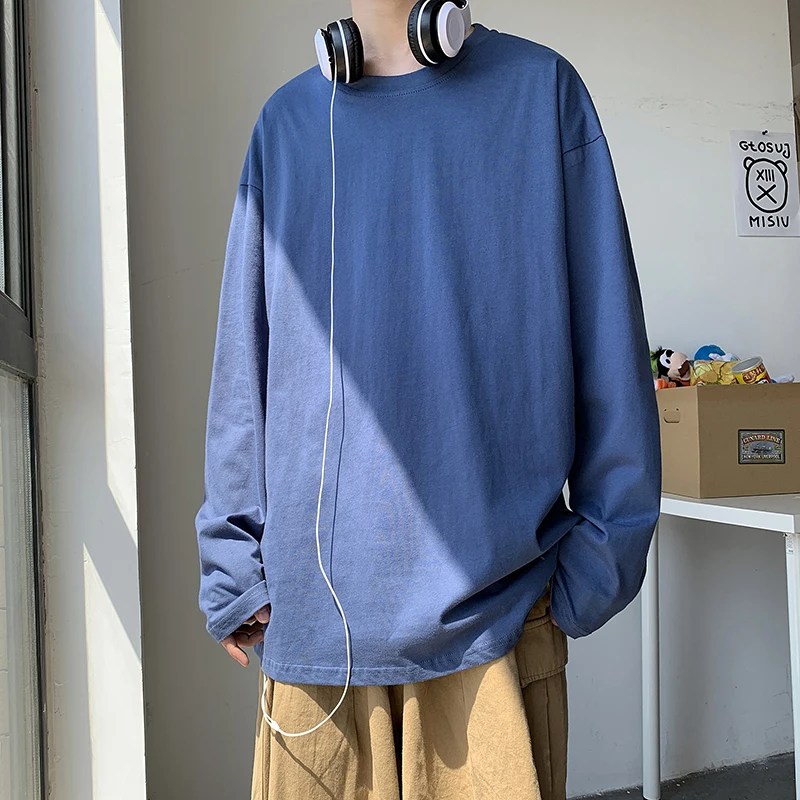 

2021 Spring Summer Long Sleeve T-Shirt Men Tee Shirt Loose Solid Korean Style T Shirt Men Casual O-neck Female Tshirt Top