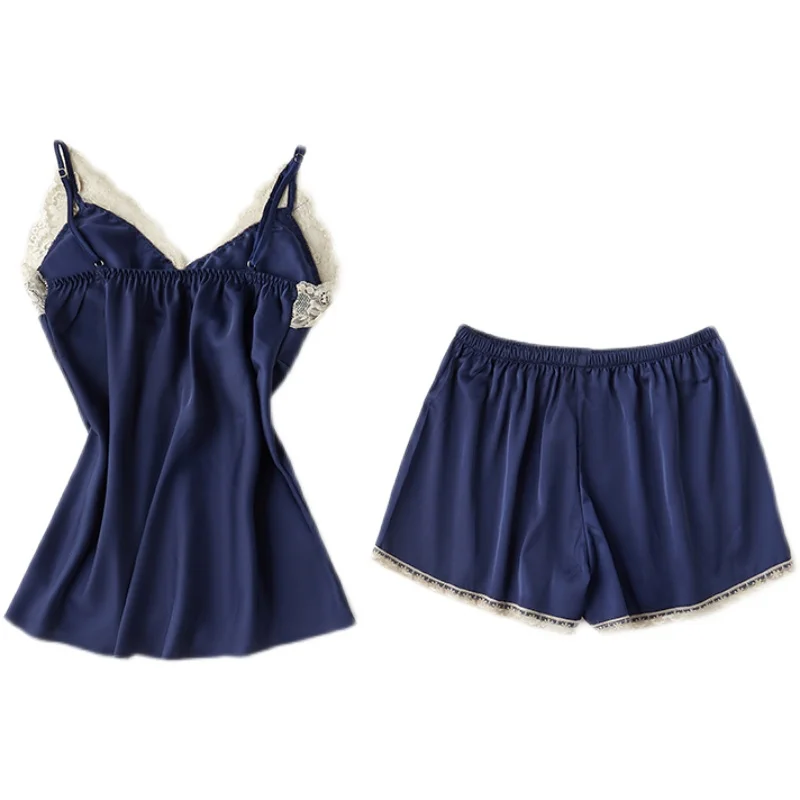 

Lace Pyjama Femme Satin Sexy Sleepwear Women Solid Pyjamas Women Two Piece Set Homewear Ladies Noght Suit With Bra