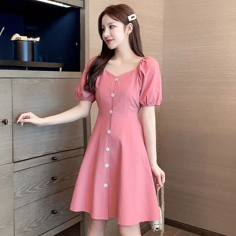 

Women Dress Summer Women Clothing New Puff Sleeve Dress Fashion French Retro Slim Dress