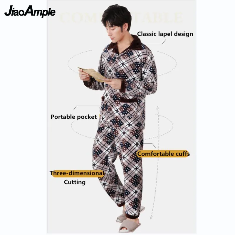 Pajamas Men's Winter Thick Flannel Long-sleeved Trousers Pijamas Two-piece Male Plaid Sleepwear Homewear Suit Casual Nightwear