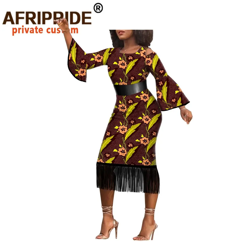 

spring africa print women dress AFRIPRIDE three quarter flare sleeve mid-calf length tassel cotton dress for women A1825081