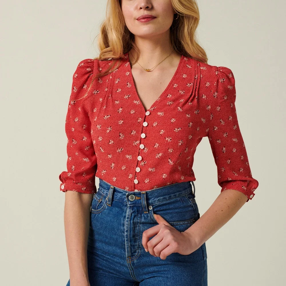 Блузка женская с коротким рукавом цветочный принт V-образный вырез элегантная