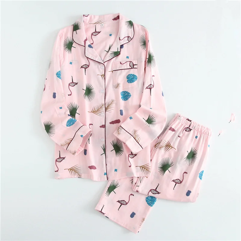 100% Gauze Cotton Women Pajamas Set Spring Autumn maple leaf summer Cute Sleepwear Casual Homewear Female Pyjamas