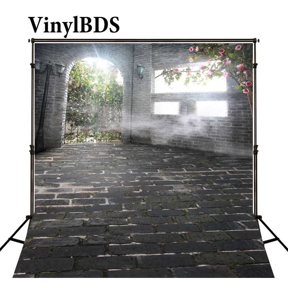 

VinylBDS Sunlight Green Leaves Photography Background Brick Floor Wedding Backdrops Nature Flower Children Photo for Studio