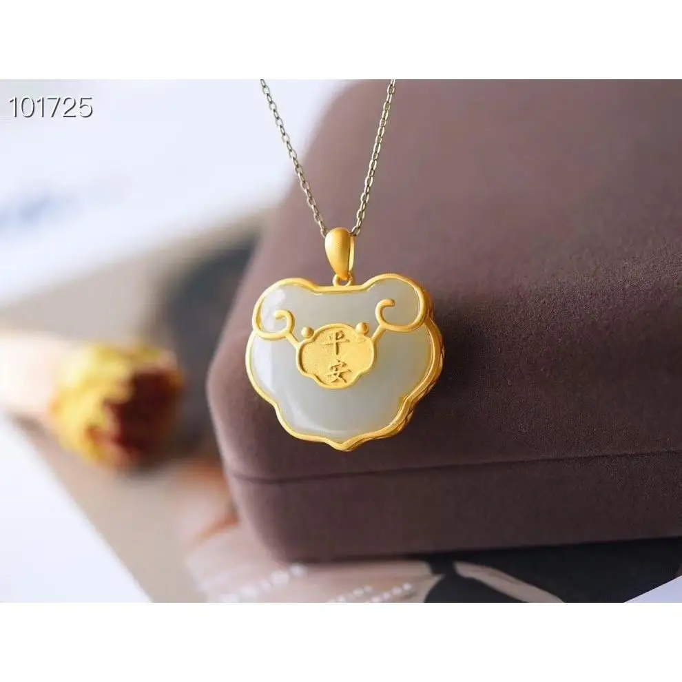 

Hetian Jade Lock of Safeness and Luck S925 Sterling Silver Pendant Retro Simple Design Gilding Craft Exquisite and Elegant