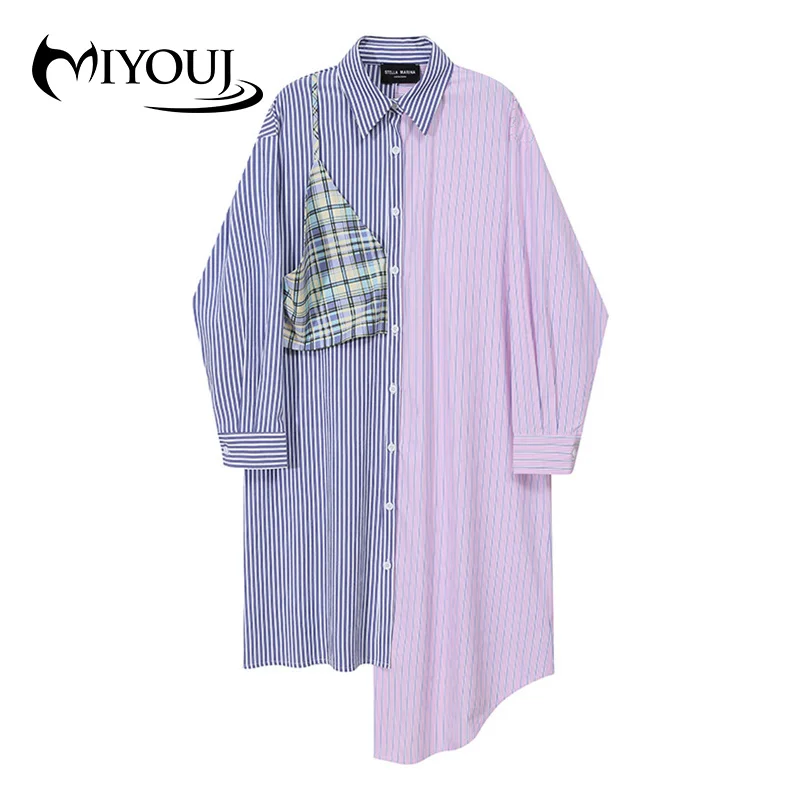 

MIYOUJ Повседневная Свободная одежда с асимметричным подолом, осень 2020, платье в Корейском стиле, блузки, лоскутное Полосатое женское платье б...