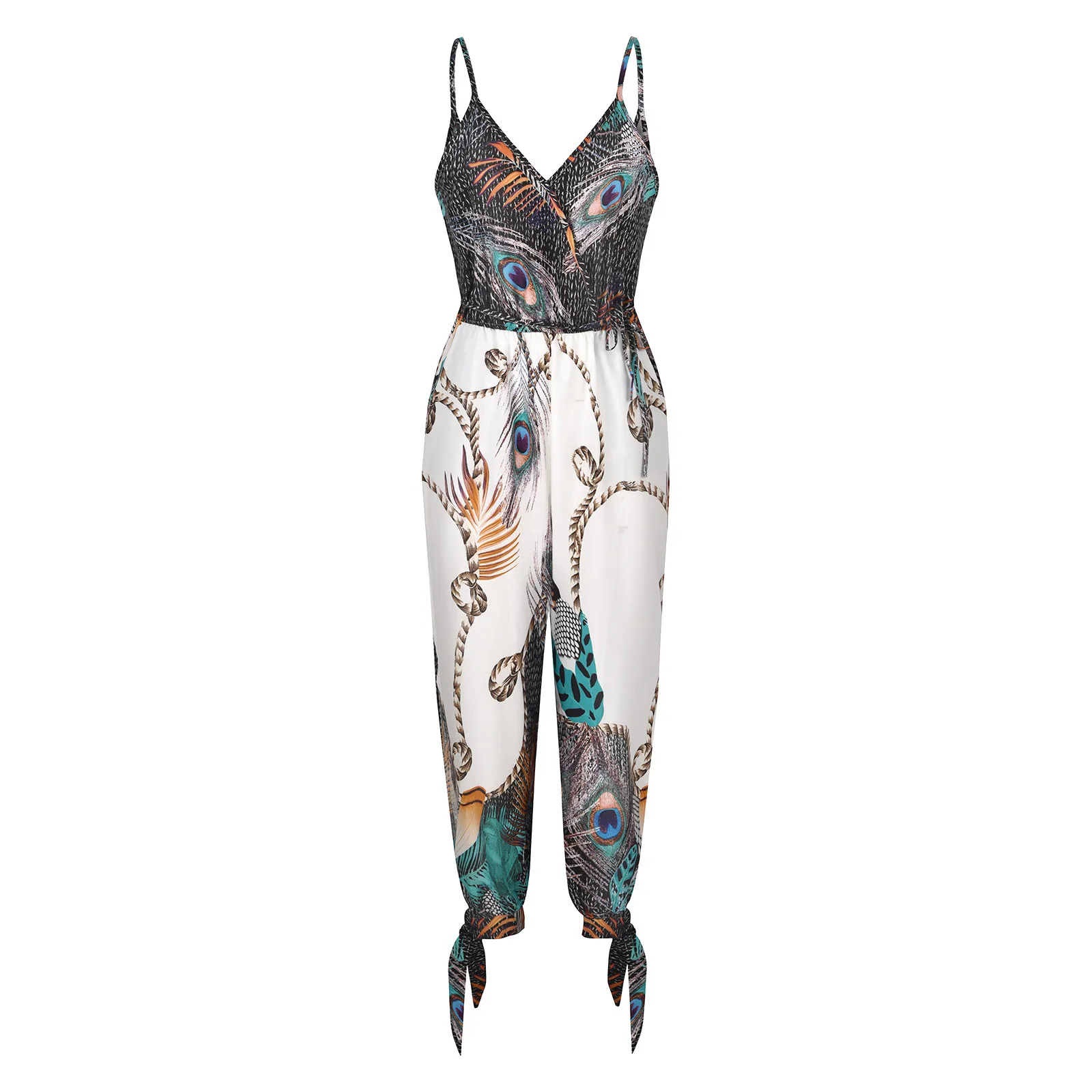 

Jumpsuit 2021top sexy long pants Womens Wide Leg Pants Peacock Printed Sling Hollow Leg Siamese Pants With Belt