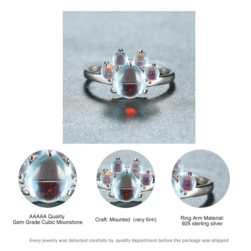 

100% Real 925 Sterling Silver Moonstone Rings For Women Cute Cat Paw Animal Footprint Gemstone Ring Female Unique Dog Claw Rings
