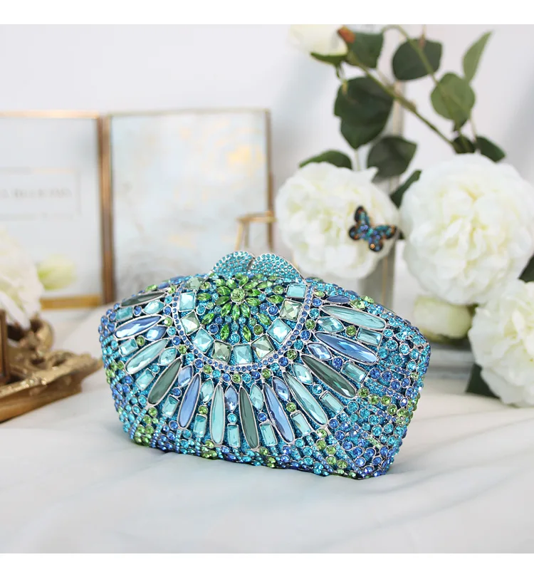

XIYUAN Shiny Bling Gold Blue Crystal Women Evening Bags Wedding Party Bridal Diamond Floral Clutch Bags Handbag Clutches Purse