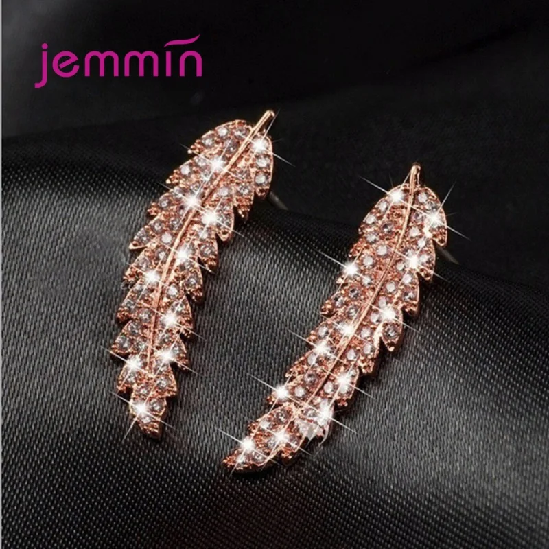 

925 Sterling Silver Feather Leaves Stud Earring Romantic CZ Crystal Tree Leaf Earring Wedding Engagement Jewelry