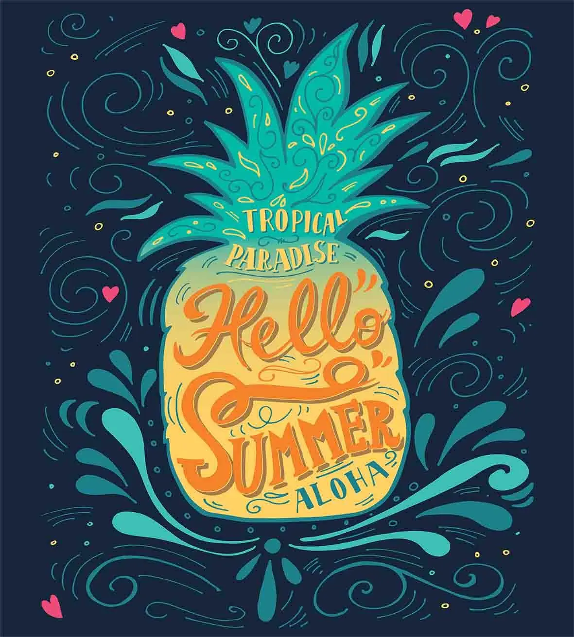 Тропический комплект пододеяльников с надписью Hello Summer ананас сердцами