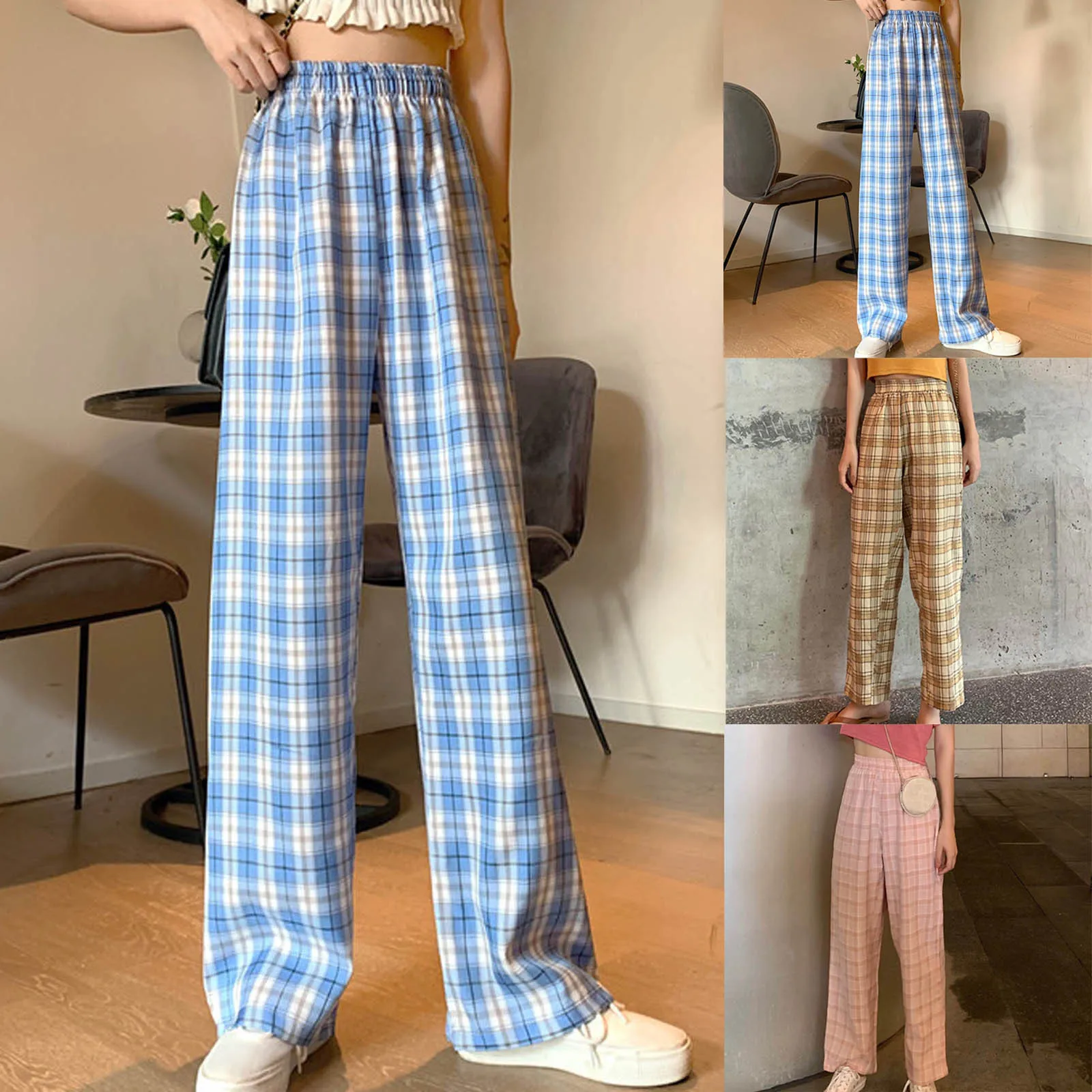 

Check Wide-leg Pants Fashion Women Casual Plaid Loose High Waist Ladies Wide Leg Pants Long Pants