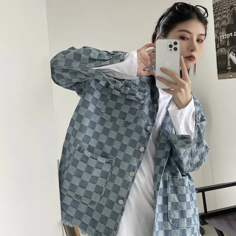 Повседневный Свободный кардиган в клетку стиле Харадзюку Оригинальный жакет с