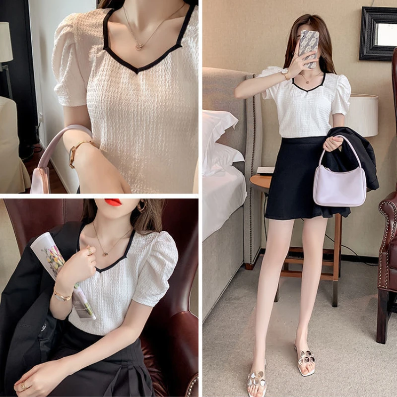 

Футболка с пышными рукавами, однотонные повседневные свободные топы, женская блузка с квадратным вырезом и коротким рукавом, футболка