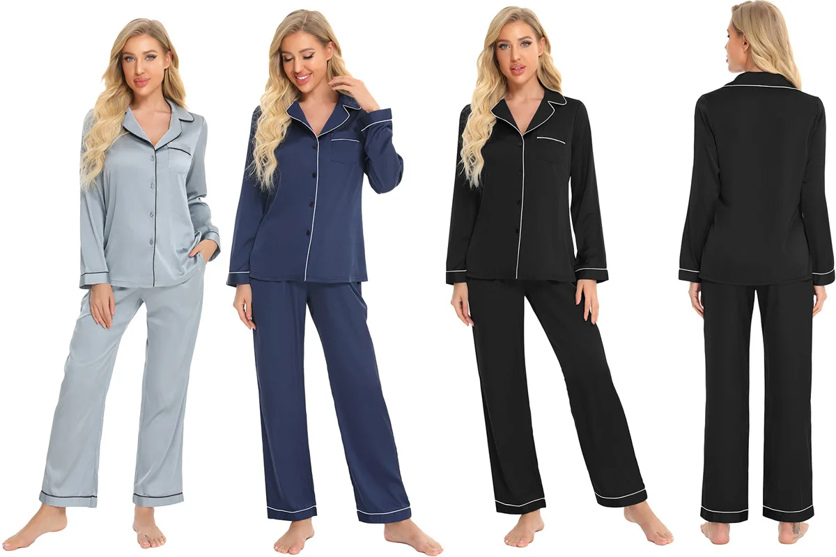 

Women silk pajamas cardigan short sleeve trousers home service suit two piece set suit women