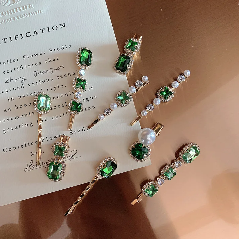 

Vintage Green Hairpin for Women Korean Modal Rhinestone Pearl Hair Clip Female Trim Clip Hairpin Hair Accessories