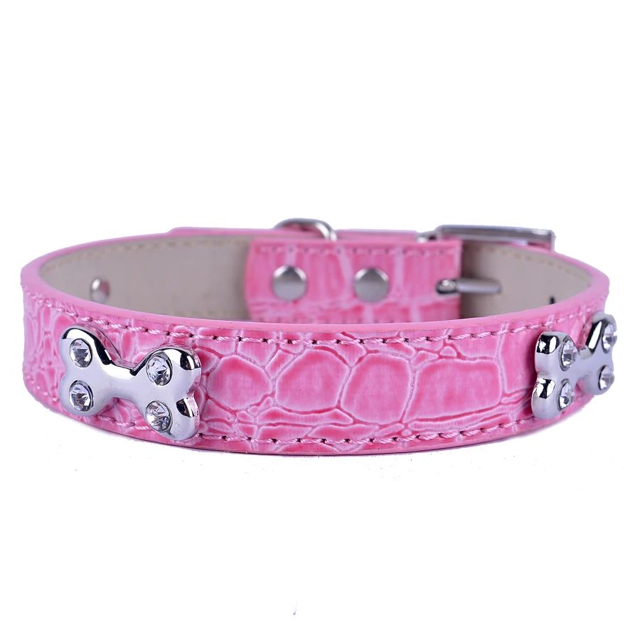 Ошейник из крокодиловой кожи стразы аксессуары в форме кости розовый черный