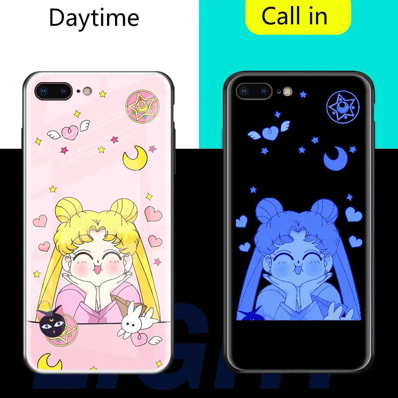 Sailor Moon glass Phone Чехол для iPhone 7 8 6 6s Plus X Flash Light Up напоминание входящий вызов Чехлы Голосовое управление и семь цветов