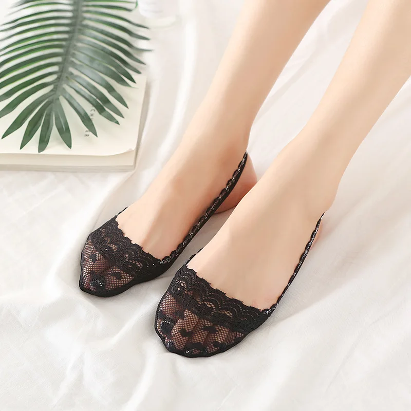 

New Summer Ladies Socks Sexy Lace Hanging Half-foot Non-slip Belt Invisible Socks Female Cotton Silver Silk