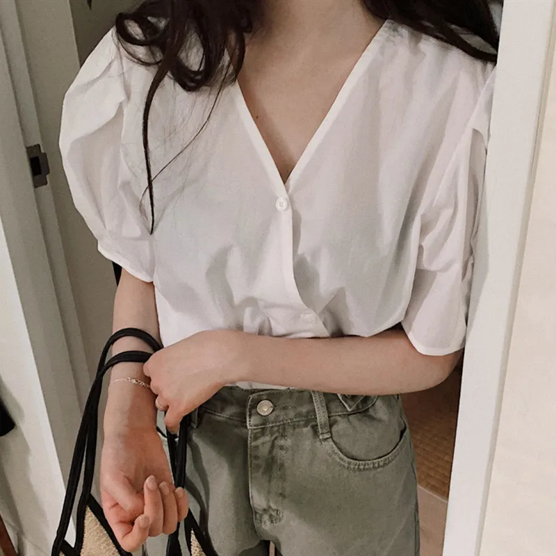 

Korean Style Long Sleeve Blouse Solid Color V-neck Office Lady Shirt Elegant Tops Women 2021 Spring Casual Blusas Mujer