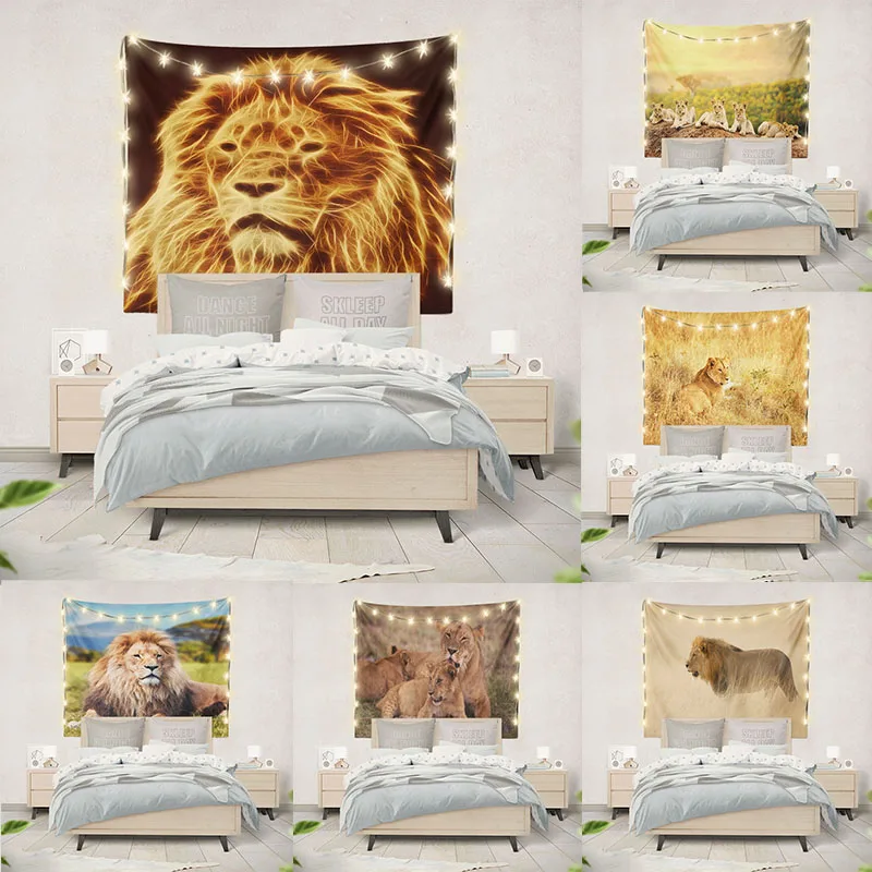 

Lion Printed Tapestry Wall Hanging Decoration Polyester Fabric Wall Carpet Animal Painting Tapestry With Light Art Home Decor