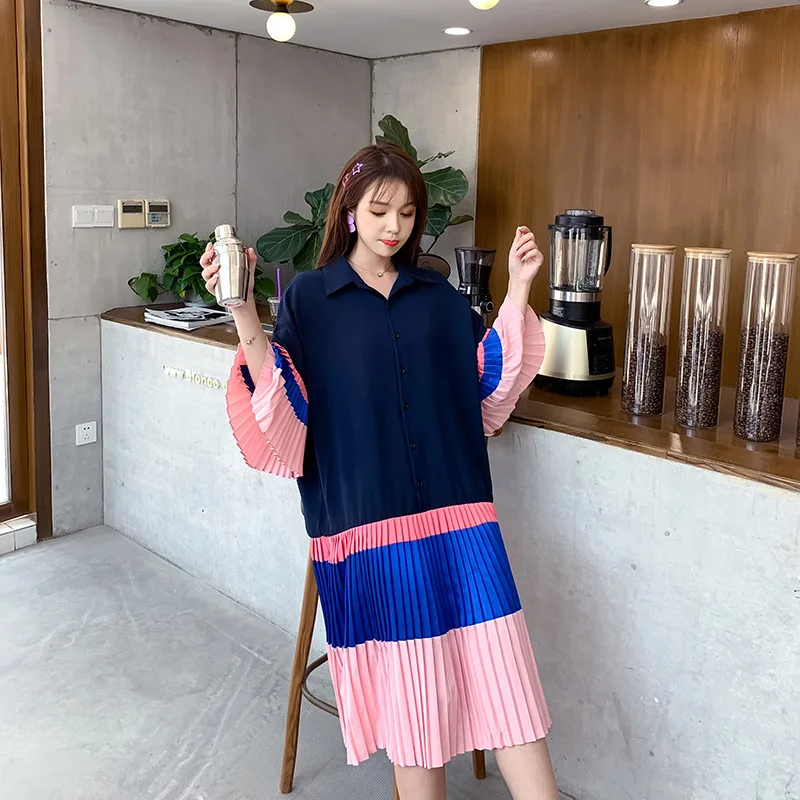 2021 Summer New Korean Loose Thin Plus Size Color Matching Dress Casual All-match Western Style Women T-shirt Tide Free Shipping