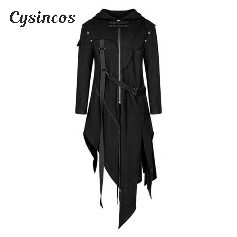 Осень зима мужской длинный приталенный плащ в стиле панк хип хоп с капюшоном